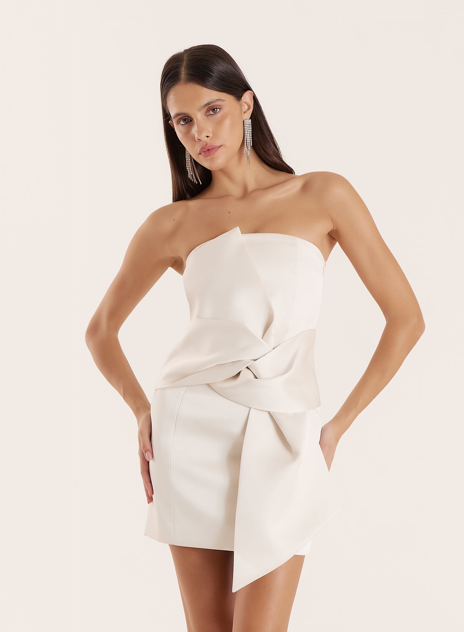 Cream Bow-front Satin Mini Dress